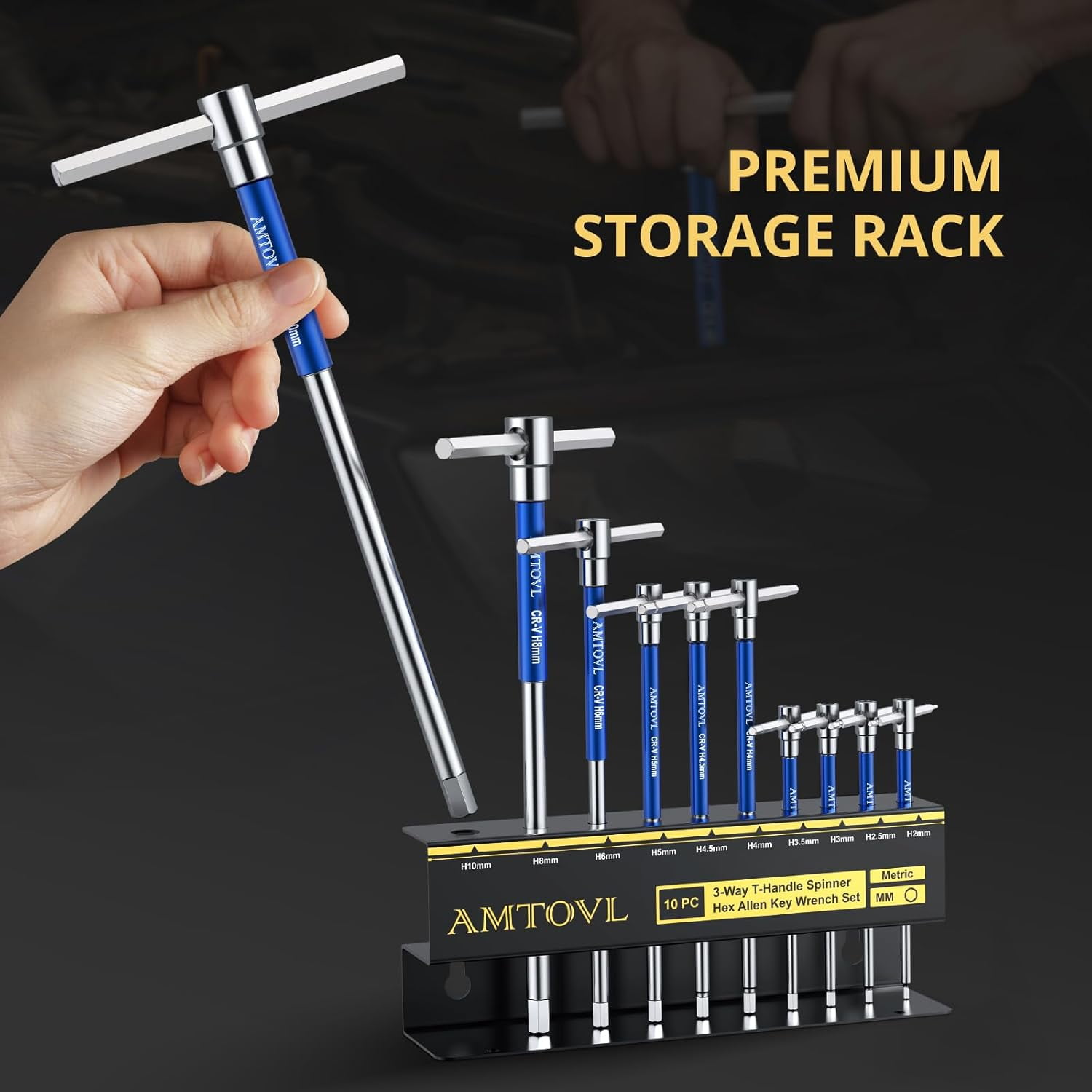 AMTOVL 10-Piece Metric T-Handle Hex Allen Wrench Set: 2mm-10mm CR-V Steel, Sliding 3-Way Design, Aluminum Sleeves & Wall-Mount Rack