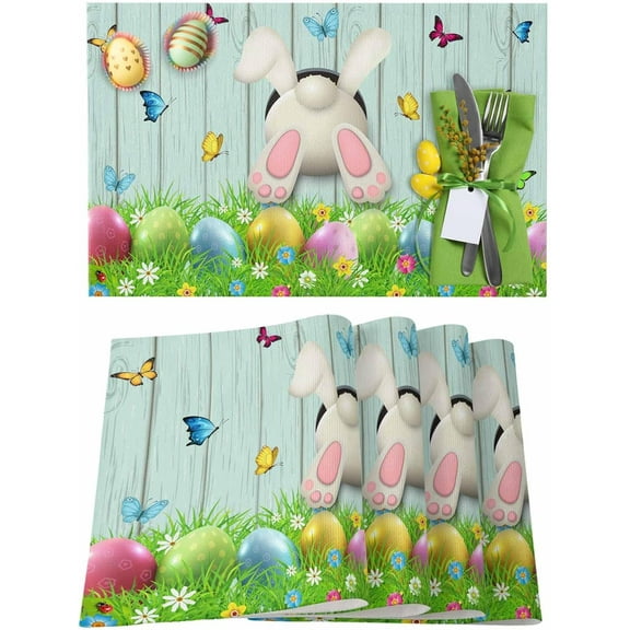 Rdsfhsp Easter Linen Placemats Set of 4, Easter Eggs Bunny Placemats for Holiday Party Dinner Table Decor 12x18 inch