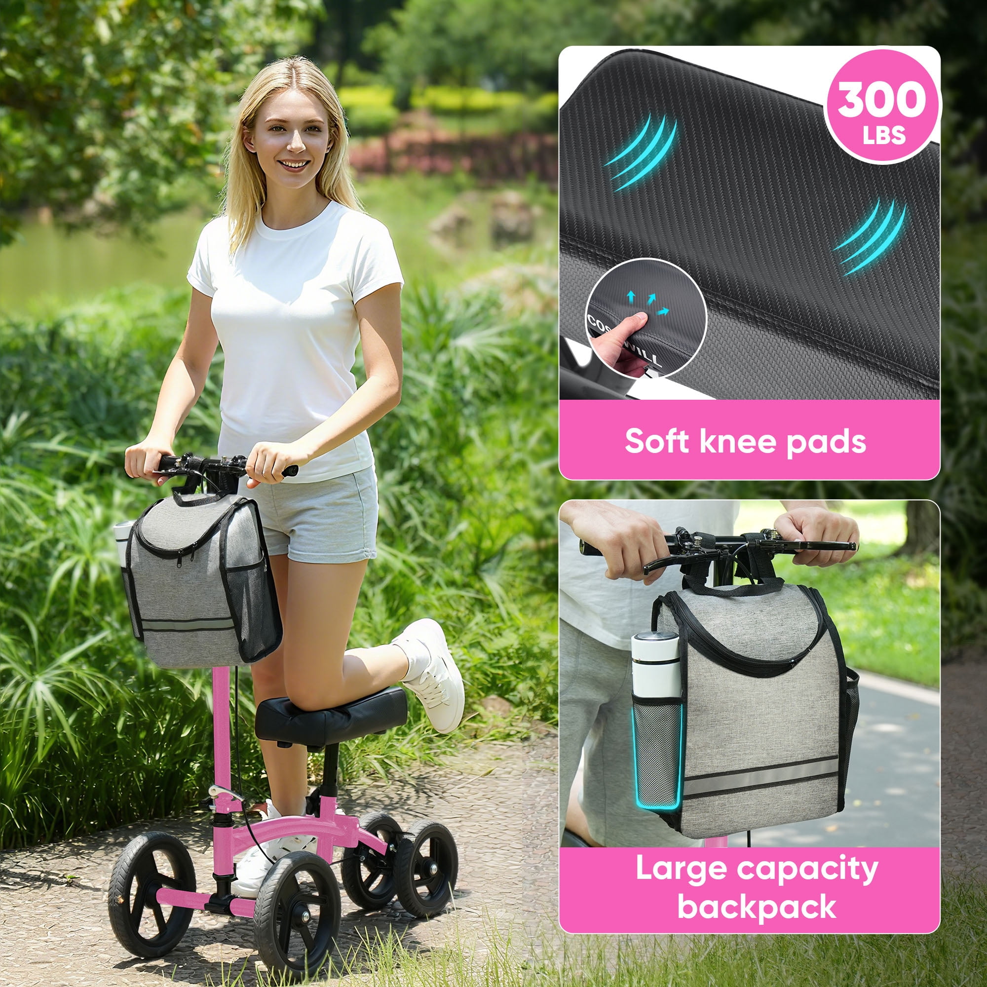 COSYWILL Steerable Knee Scooter,Economy Knee Walker,All Terrain Foldable Medical Scooter for Foot Injuries Crutches Alternative,Pink