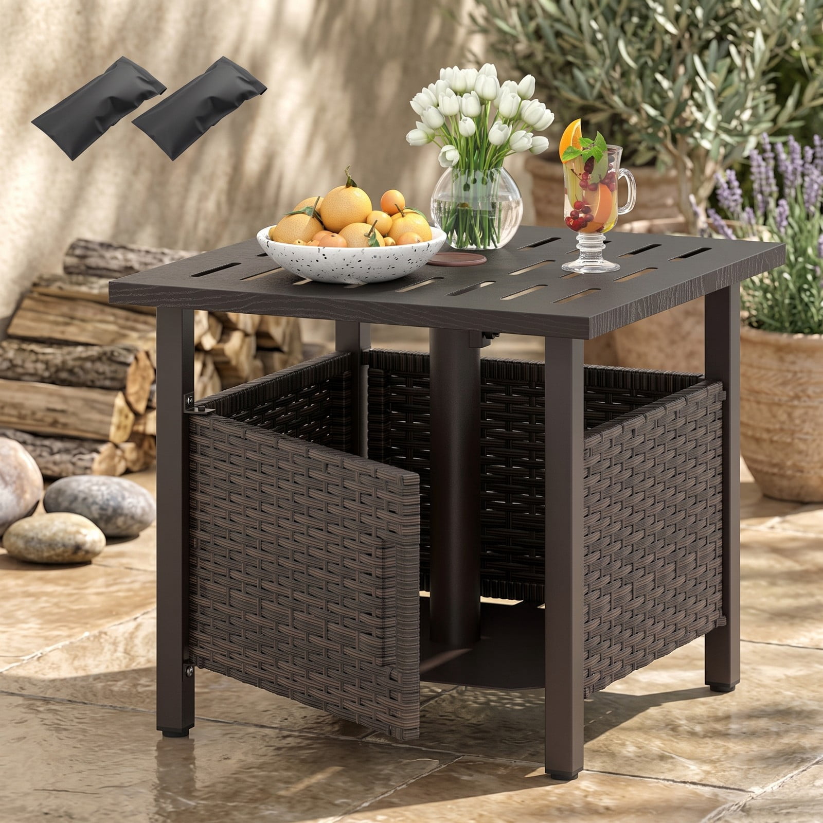 Furnibear Outdoor PE Wicker Patio Umbrella Side Table with 1.93 Inch Umbrella Hole for the Backyard and Poolside, Mix Brown