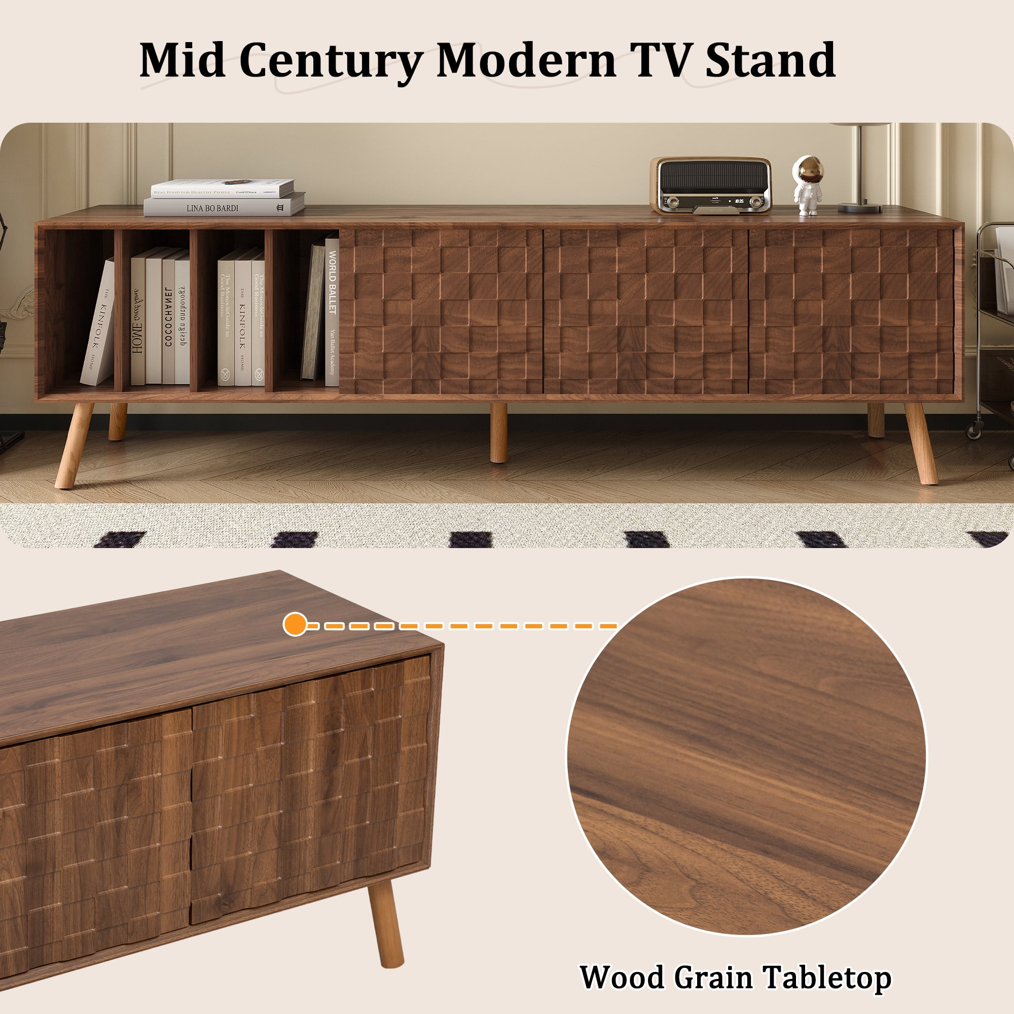 Euroco 70" Mid-Century Modern TV Stand, Media Console Table for TVs up to 80'', Entertainment Center with 5 Solid Wood Legs for Living Room, Bedroom
