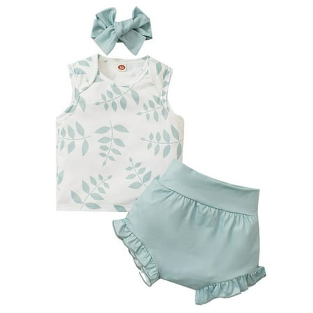 

Amuver Baby Girls Shorts Set Sleeveless Crew Neck Leaves Print Tank Top Elastic Waist Shorts with Hairband