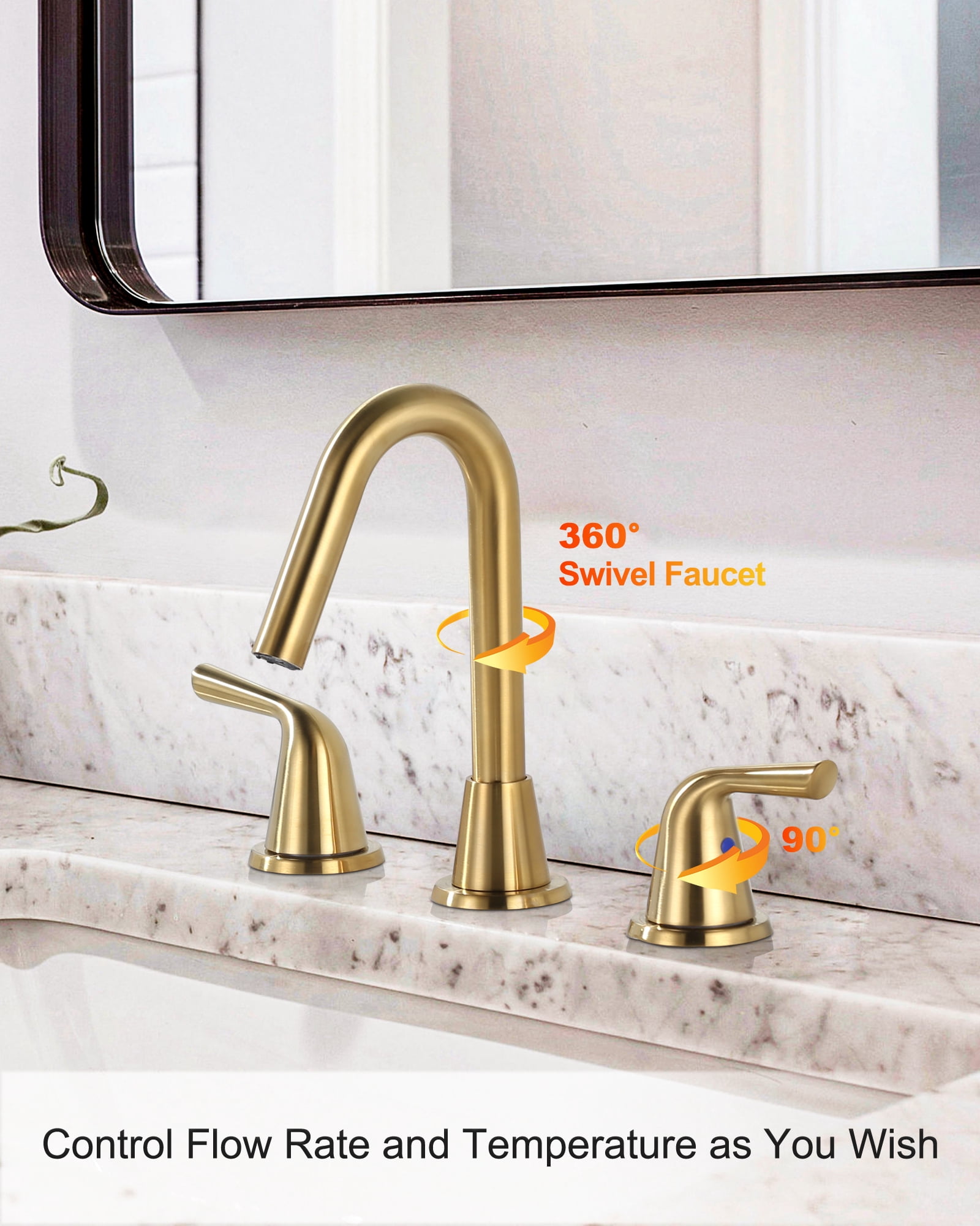 WOWOW Widespread Bathroom Faucets for Sink 3 Hole Gold, 8 inch Bathroom Faucet with Pop Up Drain Assembly and Water Supply Lines 2 Handle 360° Swivel Spout Basin Faucets for Vanity Lavatory