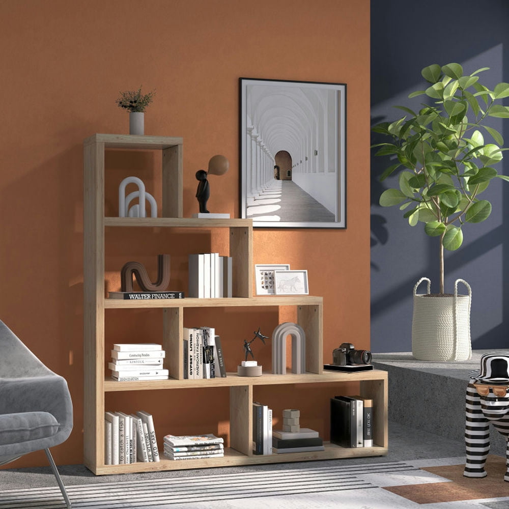 Spaco 6 Cubes Ladder Shelf Corner Bookshelf Storage Bookcase-Natural, Tall Bookshelf, Shelves for Living Room, Home Office, Bedroom, Balcony