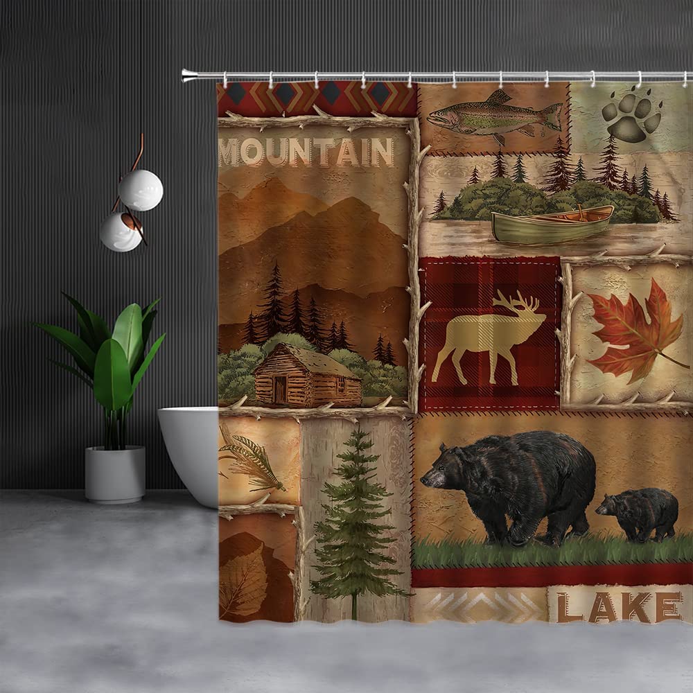 Rustic Bear Shower Curtains Retro Lake Country Lodge Moose Hunting