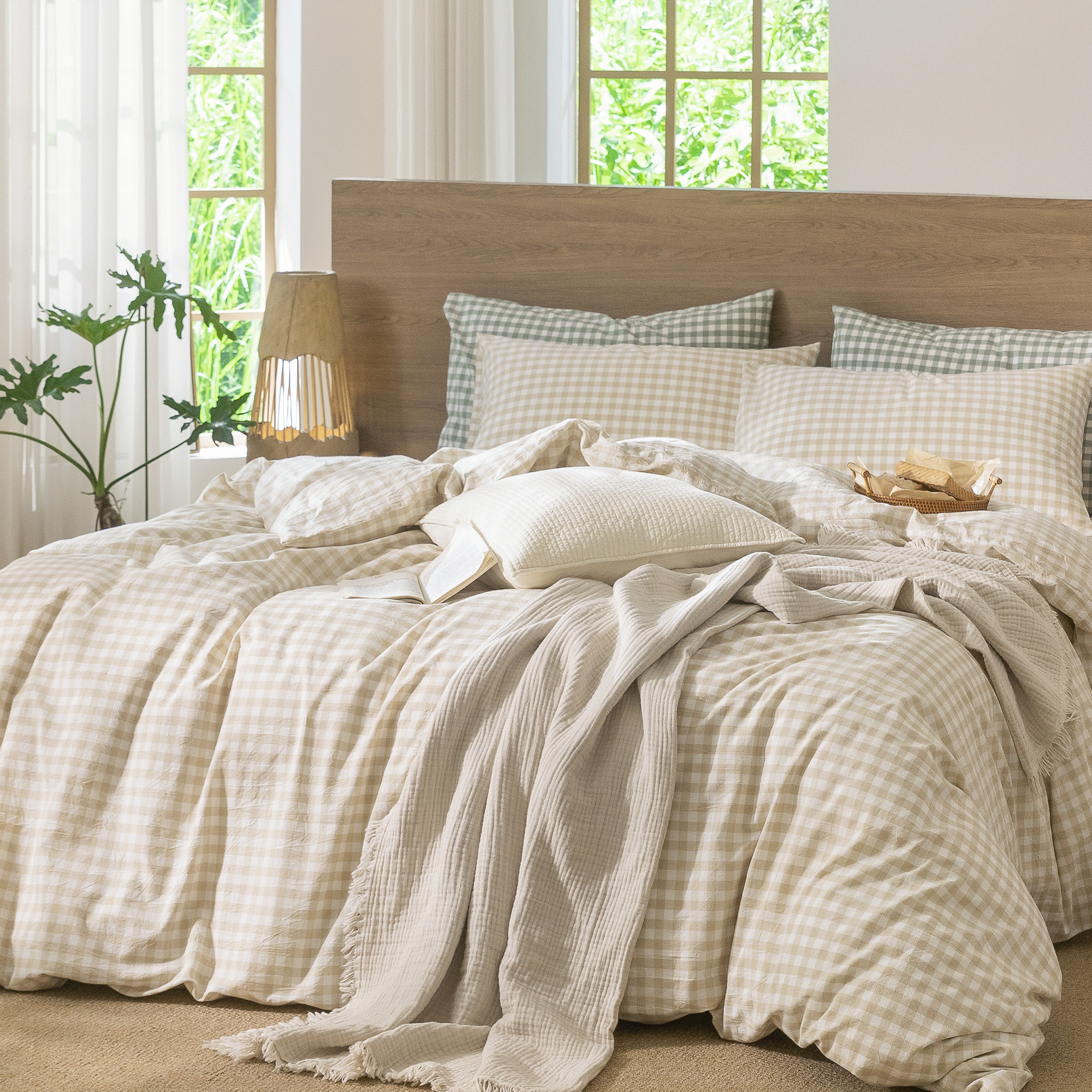 MooMee Gingham Duvet Cover Set King 100% Washed Cotton Linen Like Textured Breathable Lightweight 3-Piece (Almond Milk Grey, 104"x90")