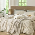 thumbnail image 4 of MooMee Gingham Duvet Cover Set Queen 100% Washed Cotton Linen Like Textured Breathable Lightweight 3-Piece (Almond Milk Grey, 90"x90"), 4 of 8