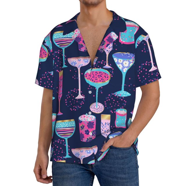 Fotbe Wine Glasses And Cocktails Camisa Estampada de Manga Corta para Hombre, Casual de Verano, Estilo Playero, Sin Arrugas-Small
