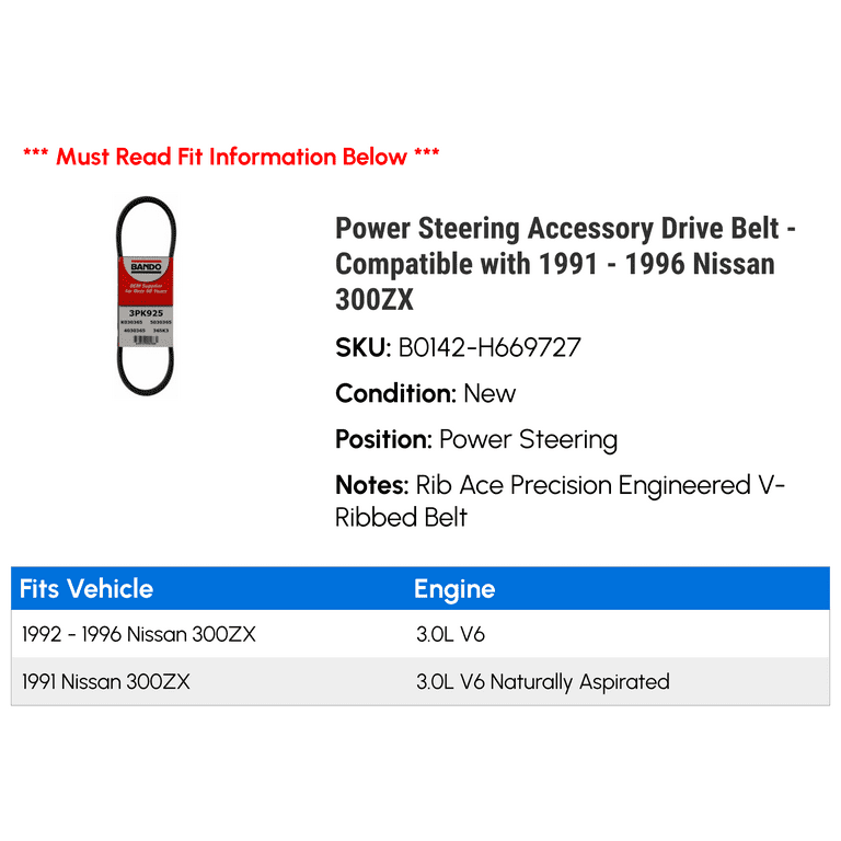 Power Steering Accessory Drive Belt - Compatible with 1991 - 1996