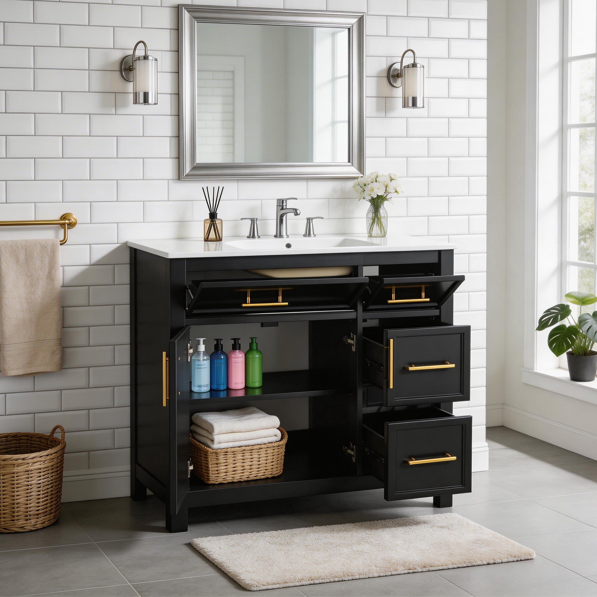 SogesPower 36" Bathroom Vanity with Ceramic Sink, Solid Wood Bathroom Makeup Cabinet with 2 Doors and 3 Drawers, Modern FreeStanding Single Basin Vanity Set for Bathroom, Black