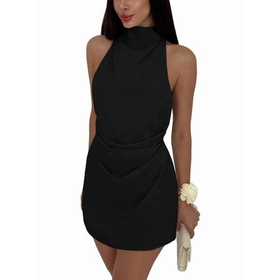 Women's Ruched Halter Sleeveless Mini Dress Tie Backless Bodycon Evening Party Cocktail Dresses Black S