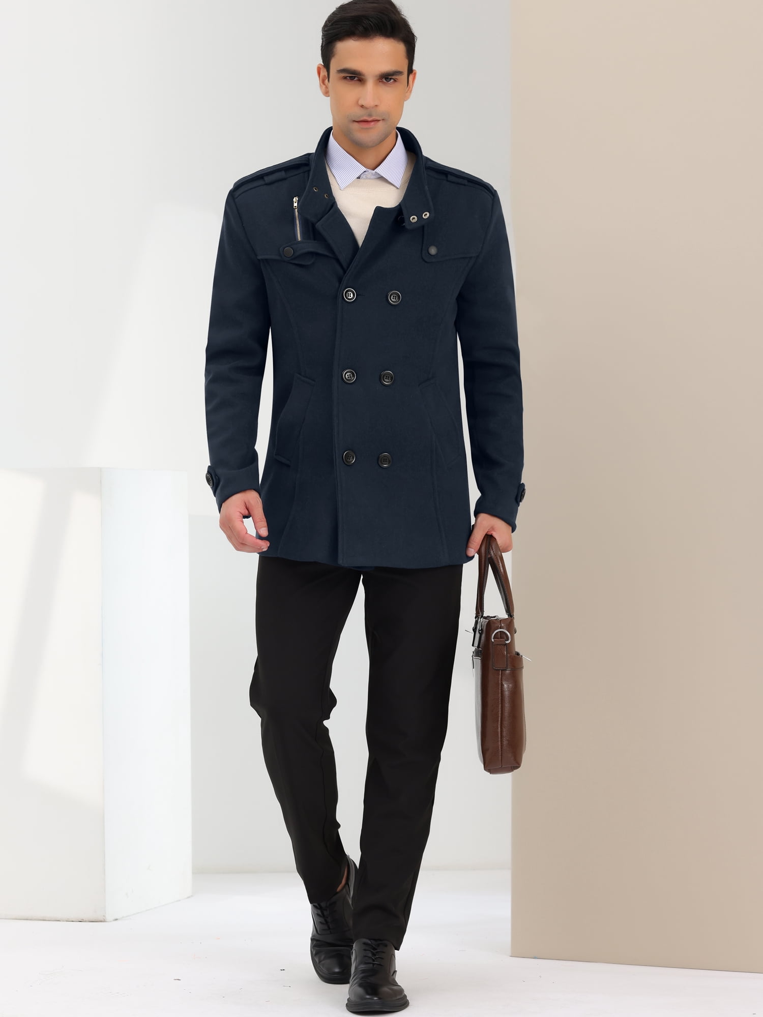Unique Bargains Men's Winter Coat Stand Collar Double Breasted Pea Coats M Navy Blue