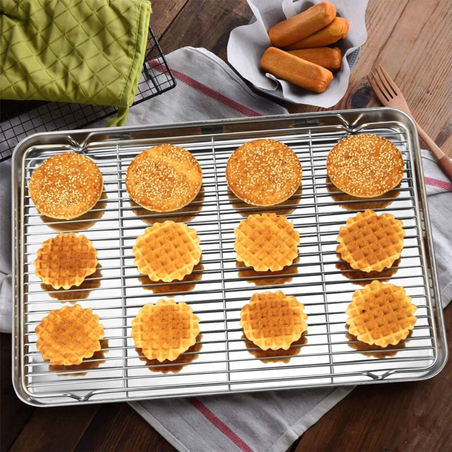 Baking Sheet with Rack Set (2 Pans + 2 Racks), 16” x 12” x 1” Stainless Steel Baking Pan Tray with Cooling Rack, Nonstick Cookie Sheet, Warp Resistant & Heavy Duty & Rust Free