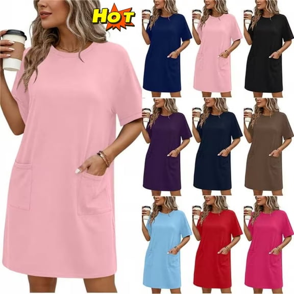 Taqqpue Dresses for Women 2026 Casual Summer Solid Color Tshirt Dress Casual Plus Size Sundress Short Sleeve Fashion Beach Vacation Midi Dress for Women