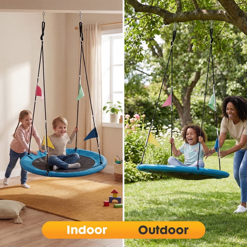 Gianna 40" Flying Saucer Swing for Kids, 33"-63" Adjustable Height Tree Swing with 4 Detachable Velcro Flags, Outdoor Swing Sets for Backyard, Blue