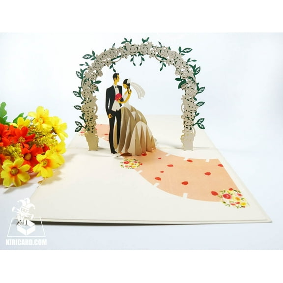 Wedding Day Pop Up Card – 3D Bride & Groom Under Floral Arch – Handmade Wedding Greeting Card, Anniversary Card, Engagement Gift – Includes Envelope
