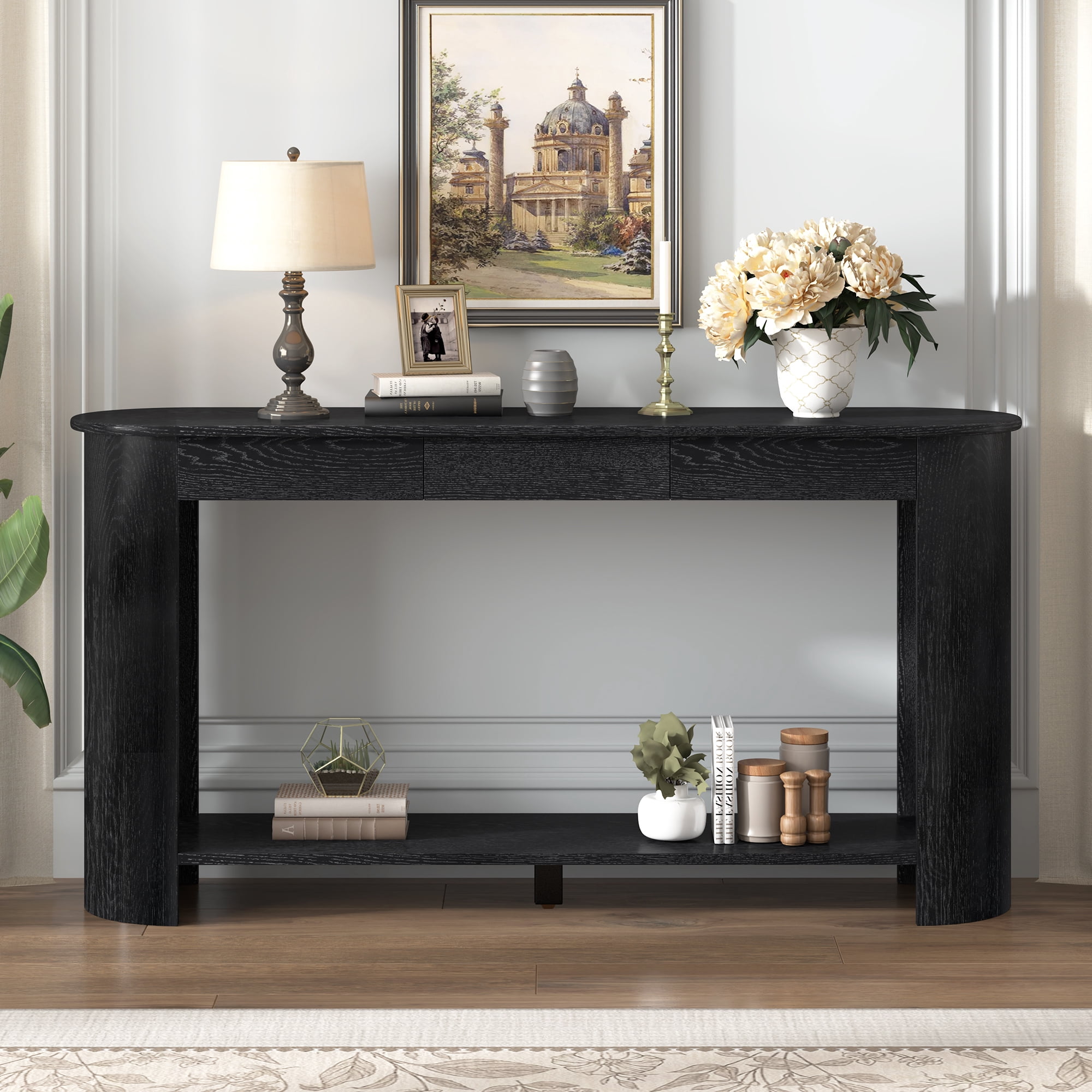 Mintazer 60" Modern Console Table, Entryway Table with 3 Drawers & Open Shelf, Long Sofa Table with Semi-Circular Design for Entryway Living Room, Black