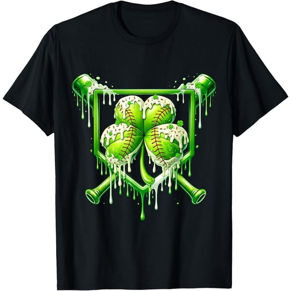 St Patricks Day Baseball Ice Cream Drip Shamrock Boys Girls T-Shirt, T-Shirt for Kids Youth, 180gsm, 100% Cotton