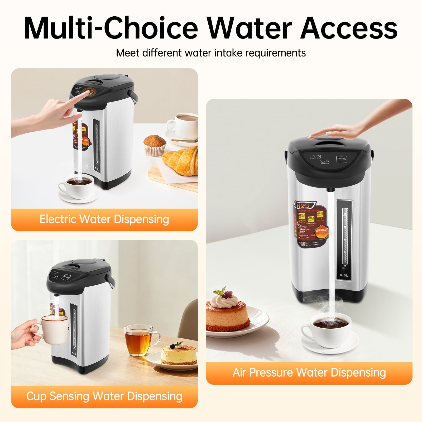 4L Household Electric Kettle for Boiling Water, 750W Stainless Steel Heat Preservation Water Boiler, Three Dispensing Modes