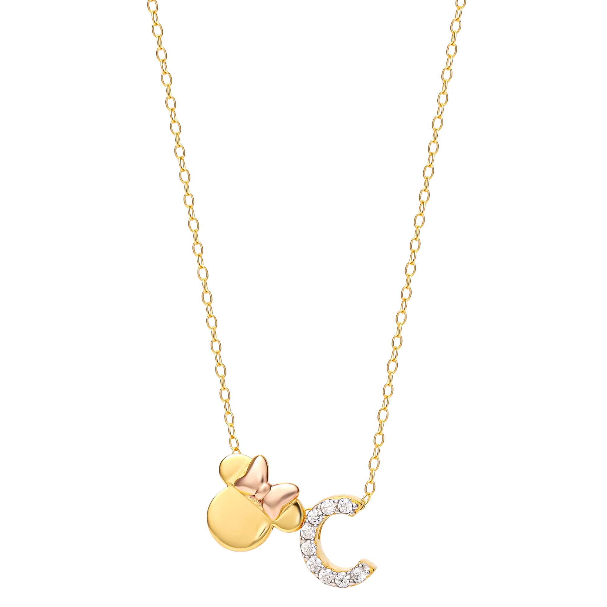 Disney Minnie Mouse Sterling Silver Gold Plated Cubic Zirconia Initial Pendant Necklace, 18" - Letter C
