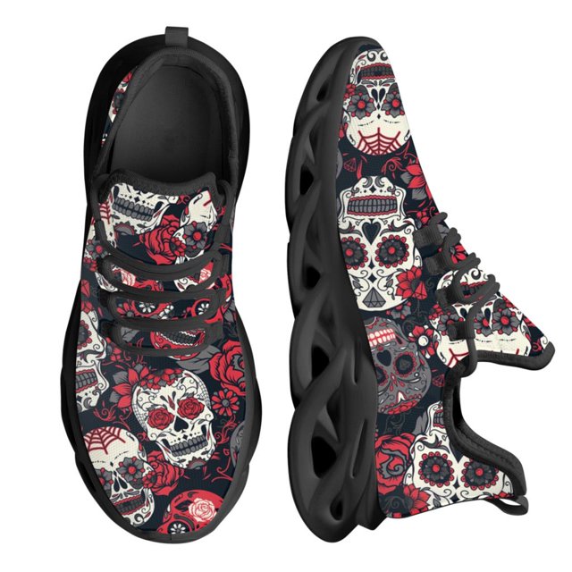 Zapatos planos con estampado de calaveras góticas y flores para mujer, zapatillas ligeras con plataforma y cordones, cómodas