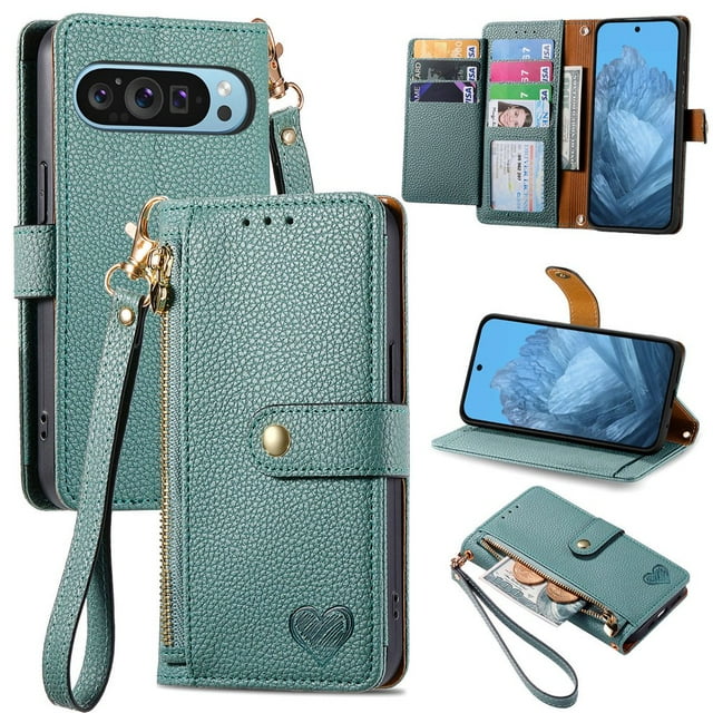 HLONK Wallet Case Compatible for Pixel 9 / 9 Pro Fold Case with Card Slots Strap & Kickstand Leather with Zipper Shockproof Slim Cover Phone Case for Pixel 9 / 9 Pro Fold Wallet Case Gr
