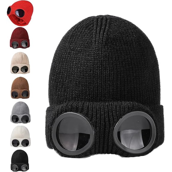 Unisex Goggle Knitted Beanie, Beanie with Goggles, Windproof Warm Winter Skull Cap(Black)