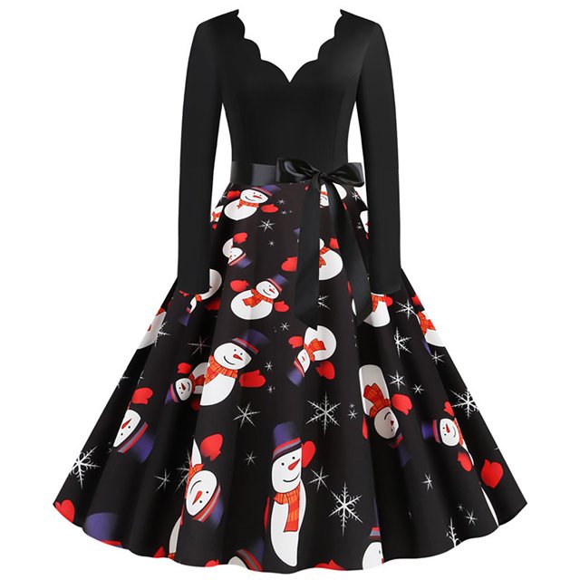 Pompotops Robe Vintage Imprimée à Manches Longues Col en V pour Femmes Soirée de Noël