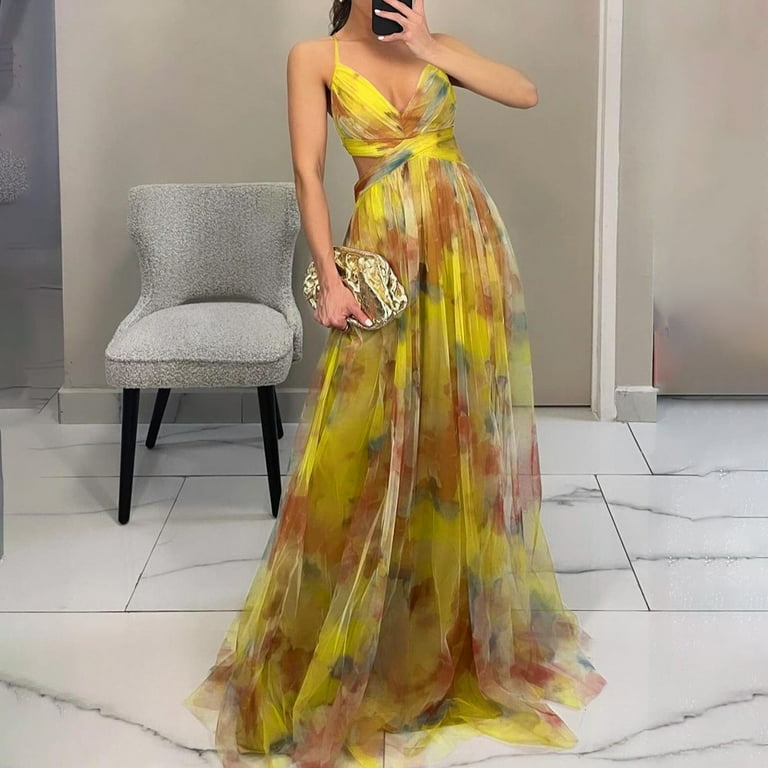 Prdecexlu Women's Floral Tulle Wedding Guest Dress Spaghetti Straps V Neck  A Line Formal Colorful Cocktail Maxi Dresses Yellow XL - Walmart.com