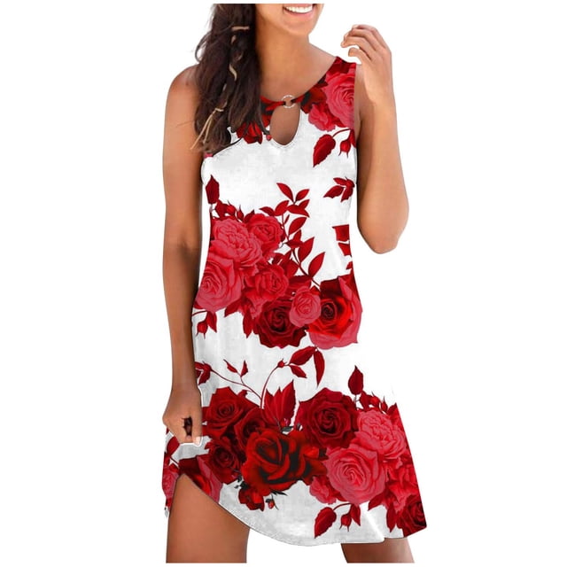 RKSTN Robe d'Été pour Femmes, Robe Débardeur d'Été Décontractée Ample à Imprimé Floral pour Femmes, Robe de Plage Ajourée Sans Manches, Robes de Plage, Robes Grande Taille pour Femmes
