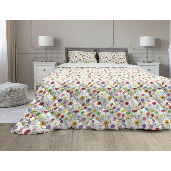 Gerber Daisy Comforter & Sham Bedding Set, Colorful Blossoms of Chamomile Flower Family with Tulips on Curvy Green Stems, 3 pcs Duvet Set Microfiber Filling Quilt, 5 Sizes, Multicolor, by Ambesonne
