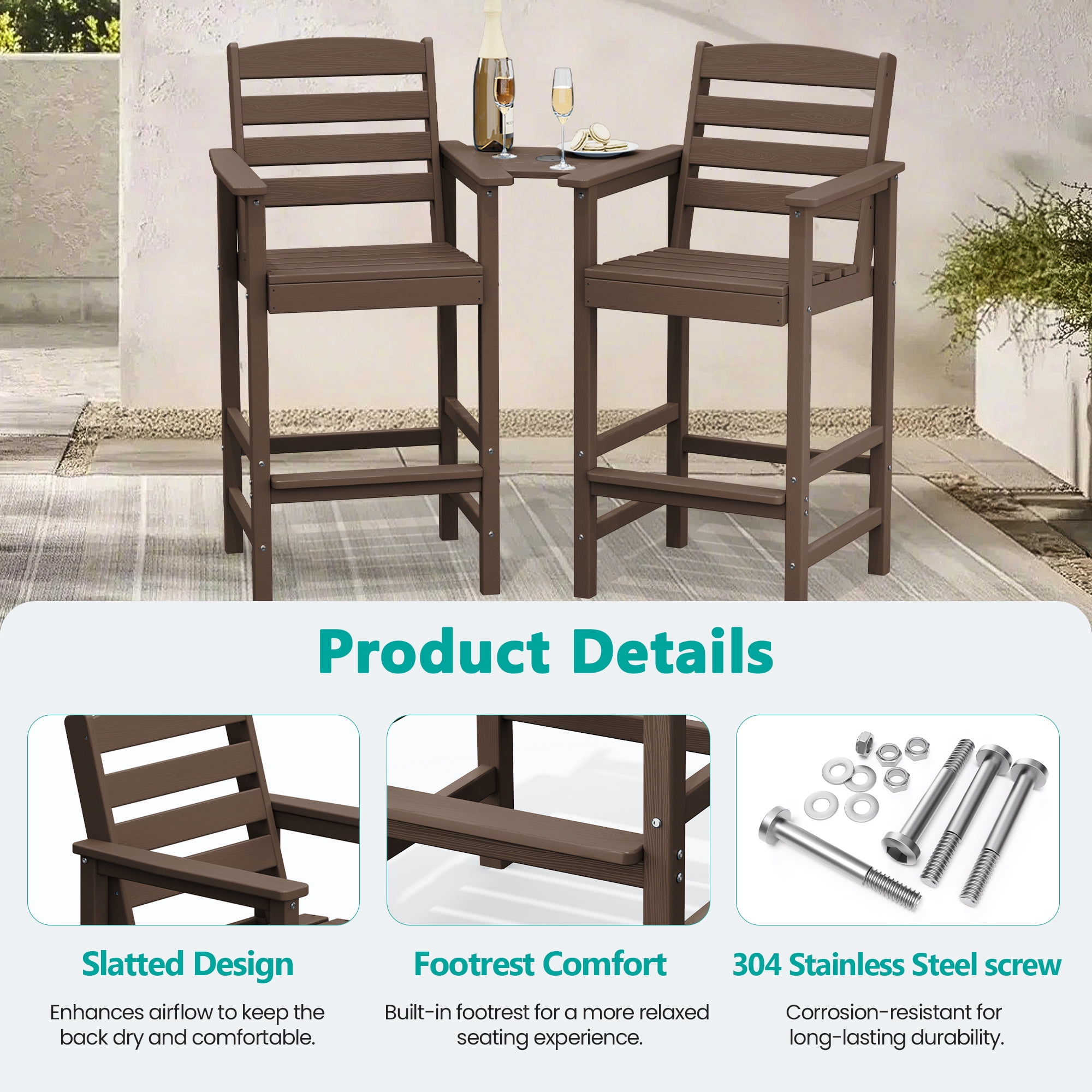 LOYALICE Balcony Chair Set of 2, Outdoor Adirondack Barstools with Connecting Tray, Coffee