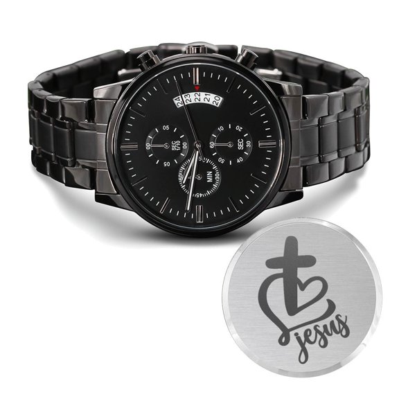 Jesus Engraved Cross Bible Verse Men's Watch Multifunction Stainless Steel W Copper Dial