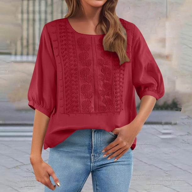 TaTaai Women's Casual Top / Vintage Embroidered Round Neck Short Sleeve Shirt / Loose Fit Cotton Linen Blend T-Shirt Gift