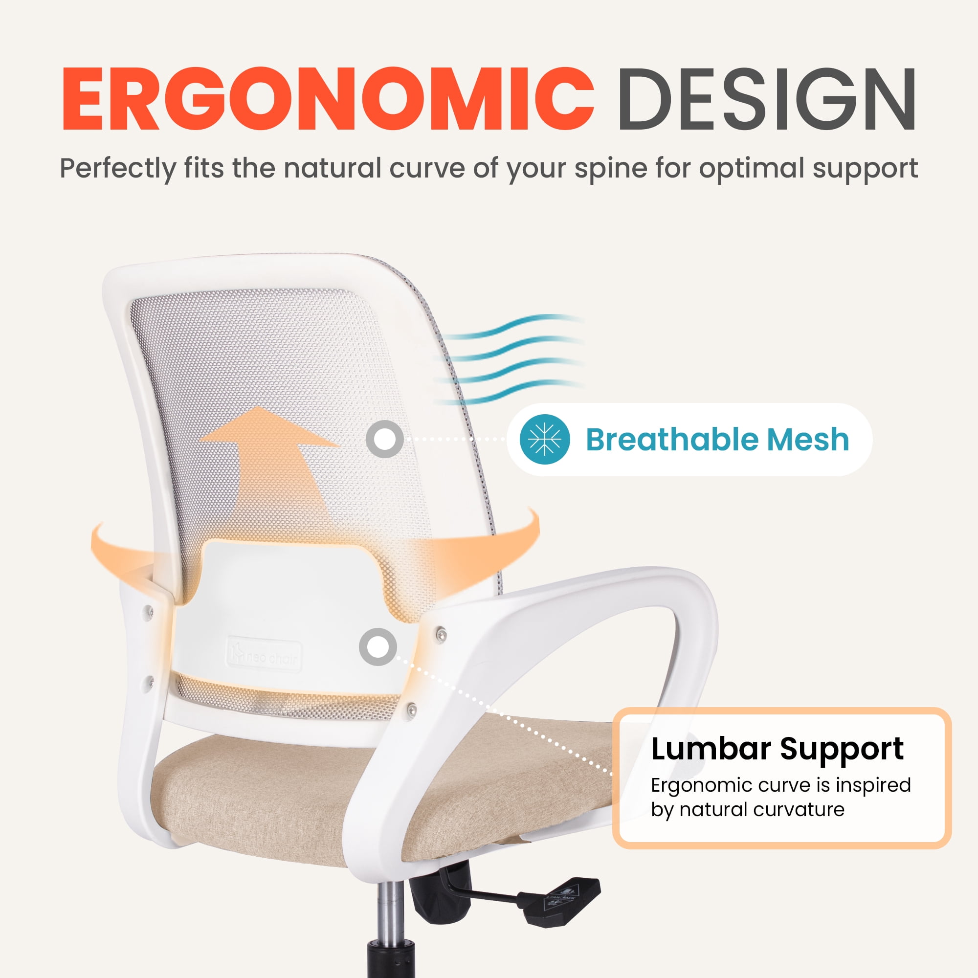 NEO Chair Office Desk Ergonomic Mesh Computer Chair with Lumbar Support Adjustable Height Swivel Rolling Wheels Comfy Mid Back Task Chair for Home Bedroom Vanity Study (Beige)