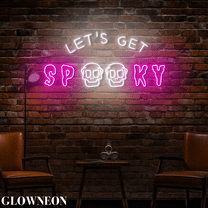 Glowneon Let's Get Spooky Neon Sign, Scary Skull Halloween Wall Decor