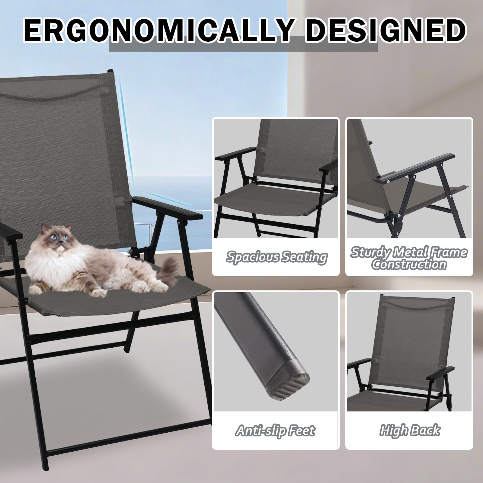 Set of 2 Outdoor Folding Chairs, Portable Patio Dining Chairs with Armrests & High Back, Sturdy Steel Frame for Garden, Lawn, Poolside, Camping (Gray)