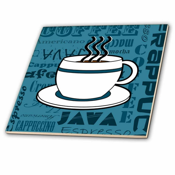 3dRose, Coffee Lover Gift - Coffee Words Print - Blue, 4 Inch Ceramic Tile