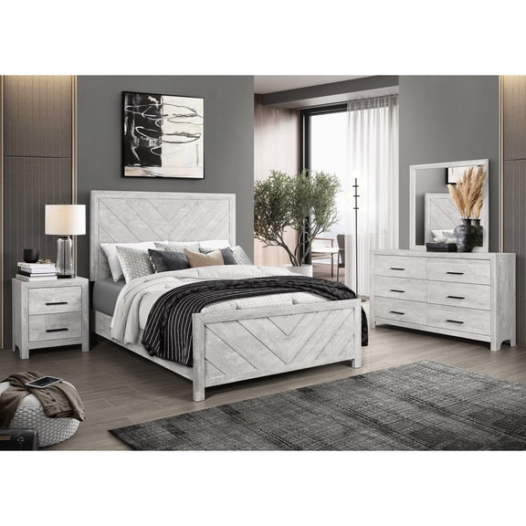 4pc Modern Bedroom Arrangement In Gray - Full Size Bed, Nightstand, Dresser & Mirror 6 Dresser, 2 Nightstand For