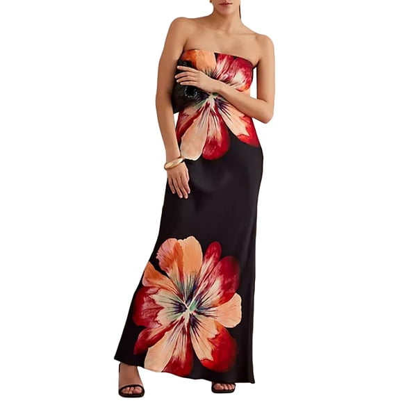 Gupgi Women Floral Print Tube Dress Strapless Backless Long Dress Vintage Off Shoulder Cocktail Beach Dresses