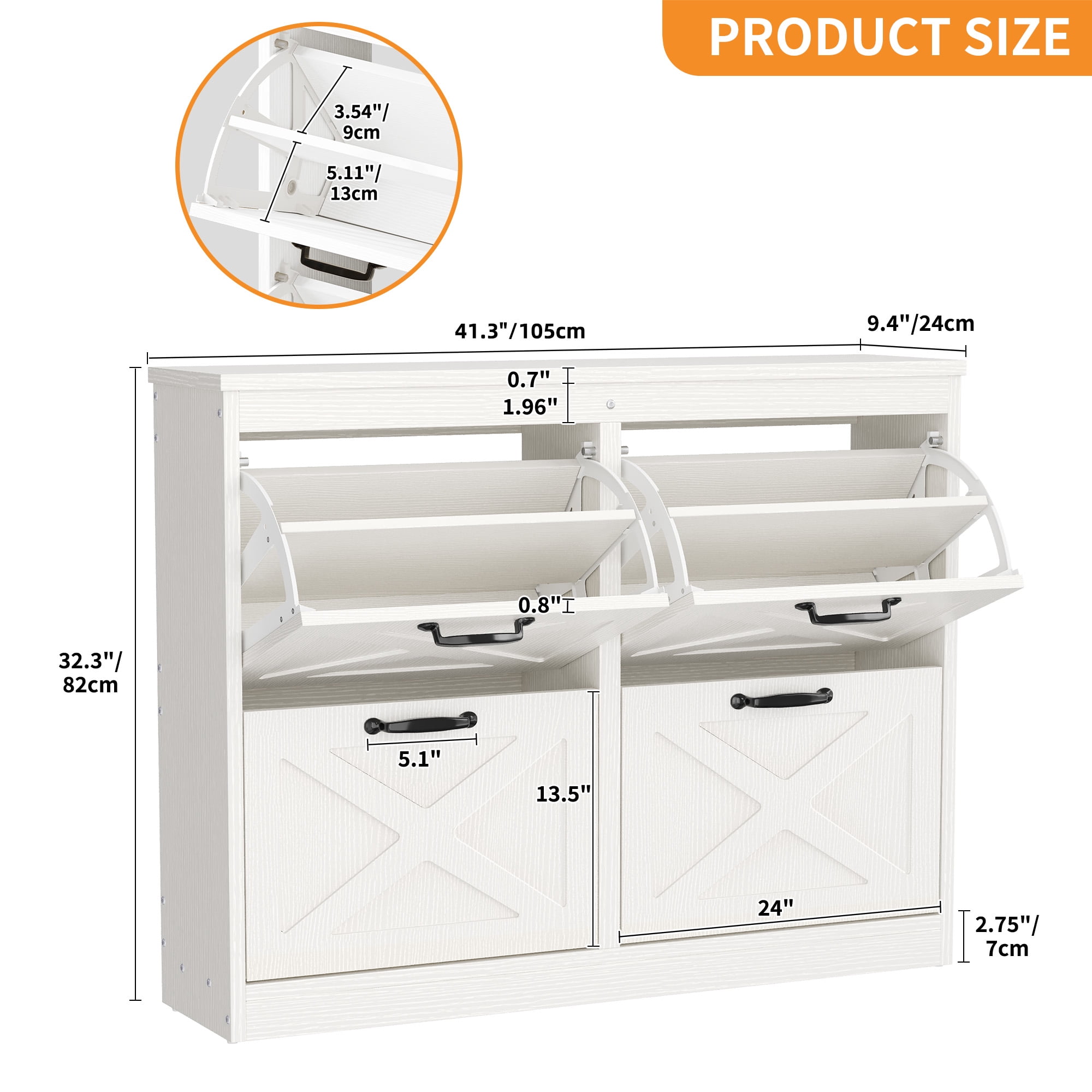 Uforic Shoe Cabinet with 4 Flip Drawers, Farmhouse Narrow Shoe Rack Organizer with Metal Legs, White
