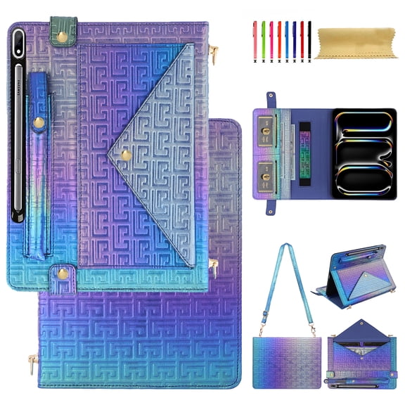 For Samsung Tab S9 FE/S9 Wallet Case,With Shoulder Strap&Hand Strap With Elastic,[Stylus Slots&Envelope Pocket,Card Slots],Flip Folio Stand PU Leather Shockproof Cover,Colorful