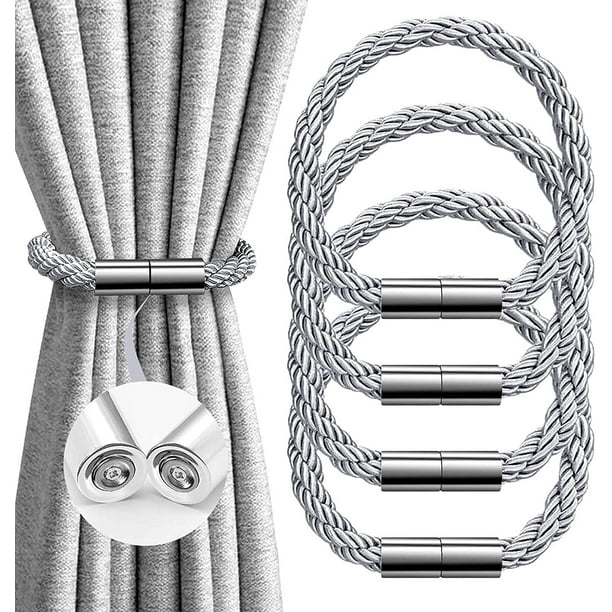 4 Pack Curtain Tie Backs Super Strong Magnetic Curtains Tiebacks Modern Simple Style Pretty Weave Rope Drape Holdback for Thin/Thick Home Office Hotel Window Drapery - Plating Chrome Silver