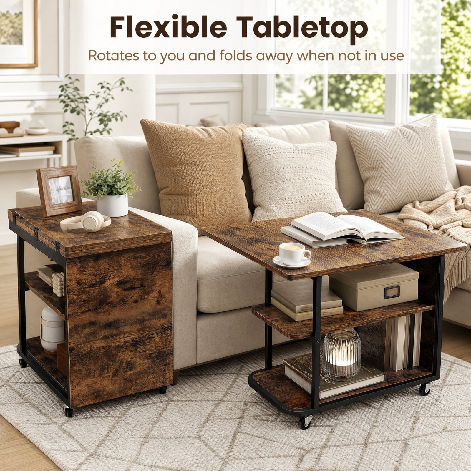 Furnibear Mobile Nightstand with Foldable Swivel Top and 2 Tier Shelf Rolling Bedside Table for Small Spaces Bedroom, Rustic Brown