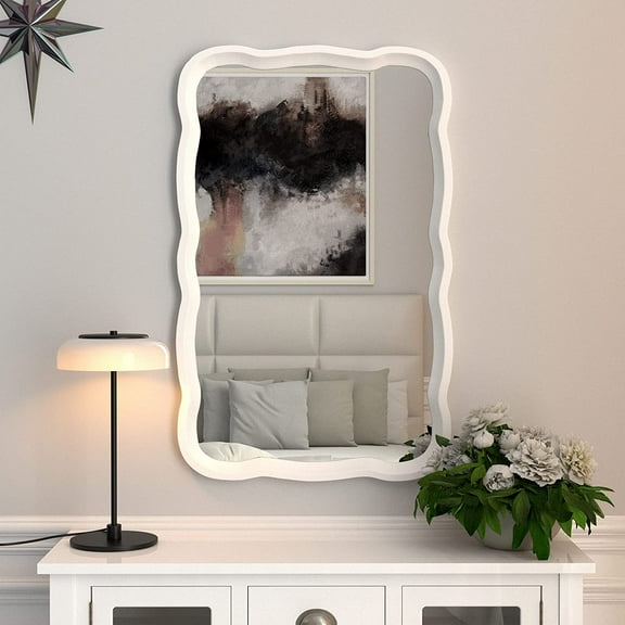 Curved Wood Frame Accent Mirror, Modern Farmhouse Contemporary Decorative Wall Mirror, Rectangle 23.5”L x 38”W, White