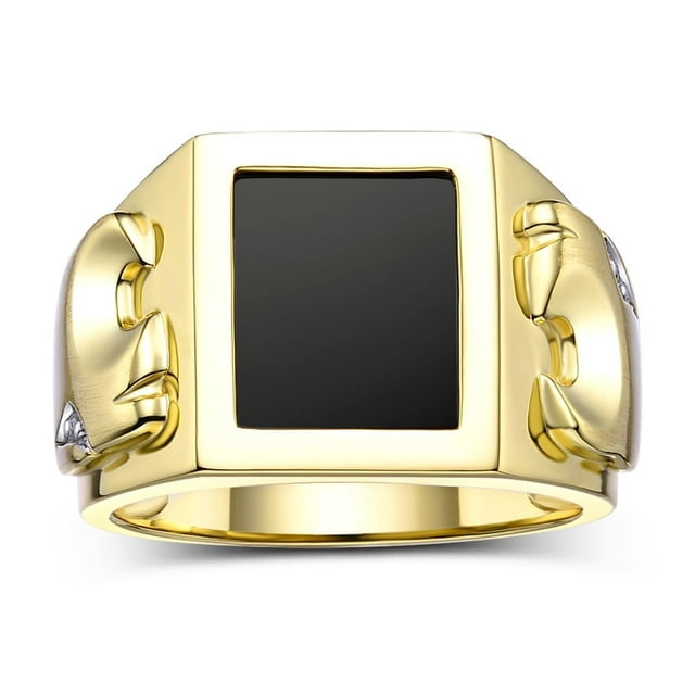 RYLOS Men's Rings Yellow Gold Plated Silver Designer Ring Tiger Head On Both Sides Diamond in the Eyes and Black Onyx Rings For Men Size 10