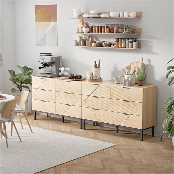 ANHDAH Set of 2 Dresser for Bedroom with 6 Drawer,Farmhouse Wood Dresser Storage Drawers,Espresso Long Double Fluted Dresser,Closet Organizers TV Stand for Living Room,Hallway (2, Natural Oak)