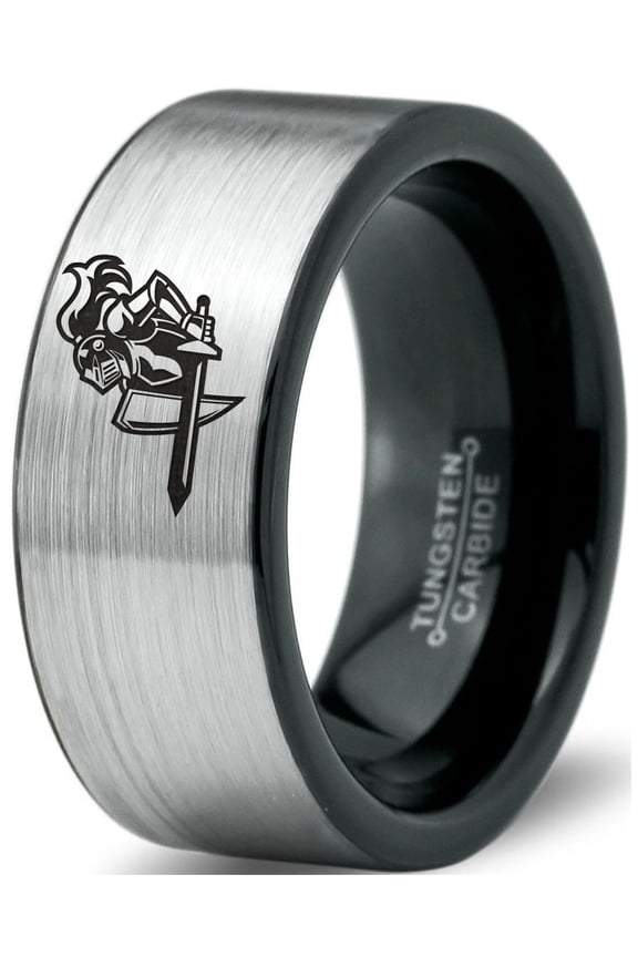 Tungsten Armor Shield Sword Knight Band Ring 8mm Men Women Comfort Fit Brushed Gray Flat Cut Black Polished