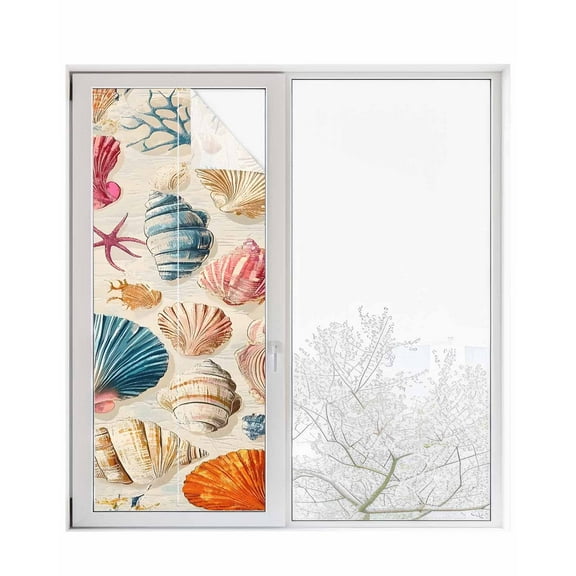 Window Privacy Film Coastal Shell Stained Glass Window Film Decorative Sun Block Window Cover Summer Nautical Shell Beach Starfish Window Clings Static Adhesive Sticker for Bathroom 29.5"x78.7"