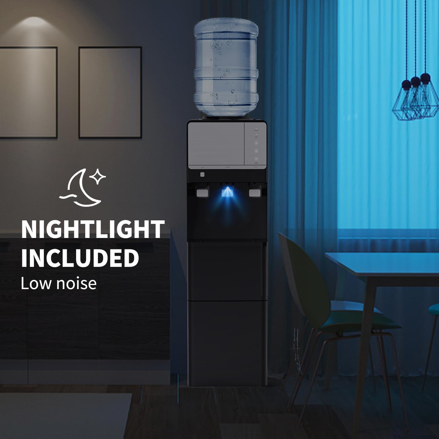 SOOPYK 3 in 1 Water Cooler Dispenser with Ice Maker, Hot Cold Room Temp Water and Bullet Ice, Top Loading 3 - 5 Gallon, 27 Lbs per 24H , Night Light, Black
